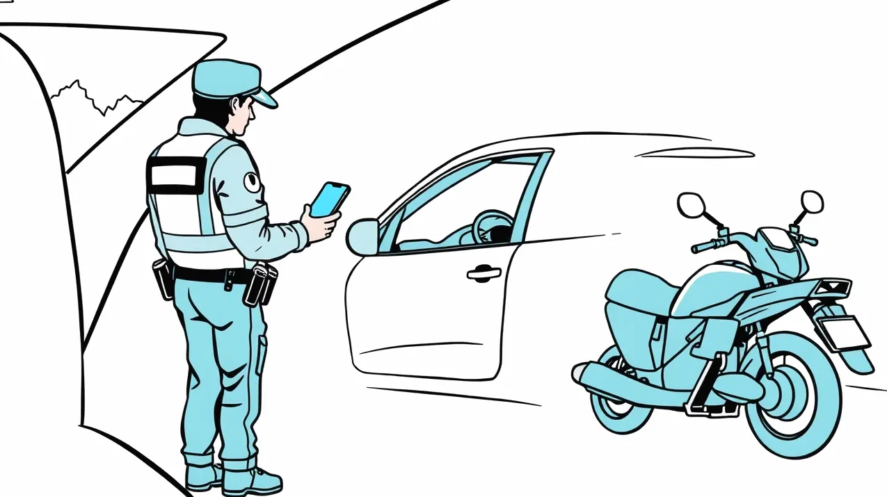 Policajná hliadka kontroluje doklady vodiča vozidla pri bežnej cestnej kontrole