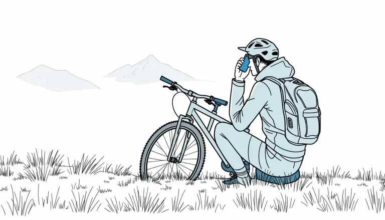 Horský cyklista s prilbou kontroluje technický stav elektrobicykla na lesnej ceste