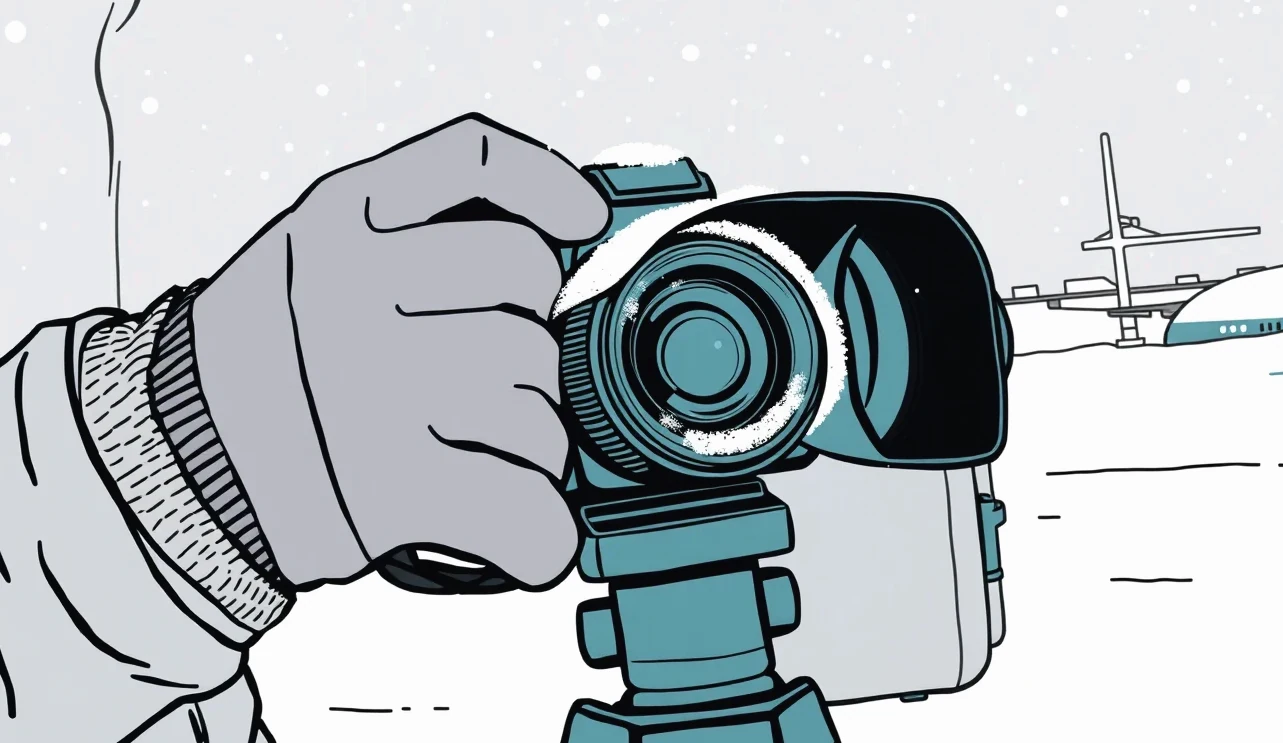 Zasnežený fotoaparát na statíve pod nočnou oblohou