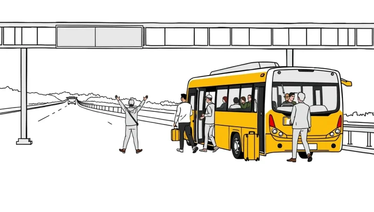 Cestujúci nastupujú do diaľkového autobusu na stanici pred nočnou cestou