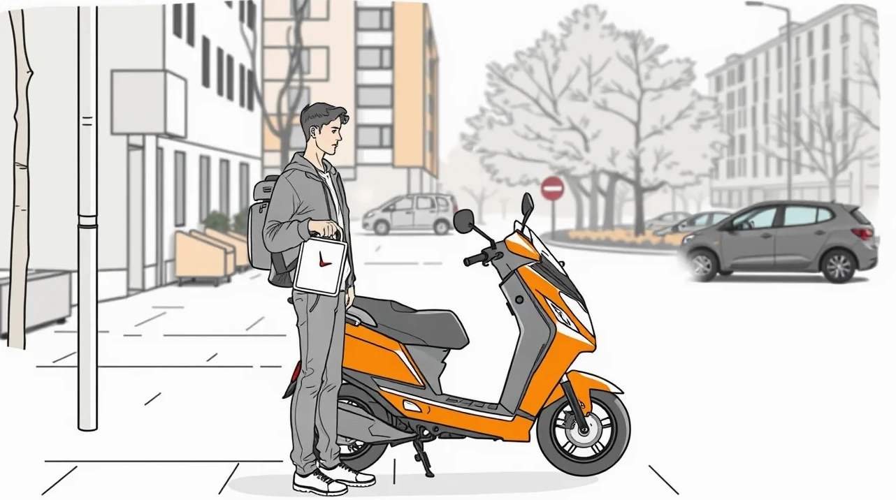 Zastavené osobné auto a prevrátená kolobežka na svetelnej križovatke po drobnej kolízii