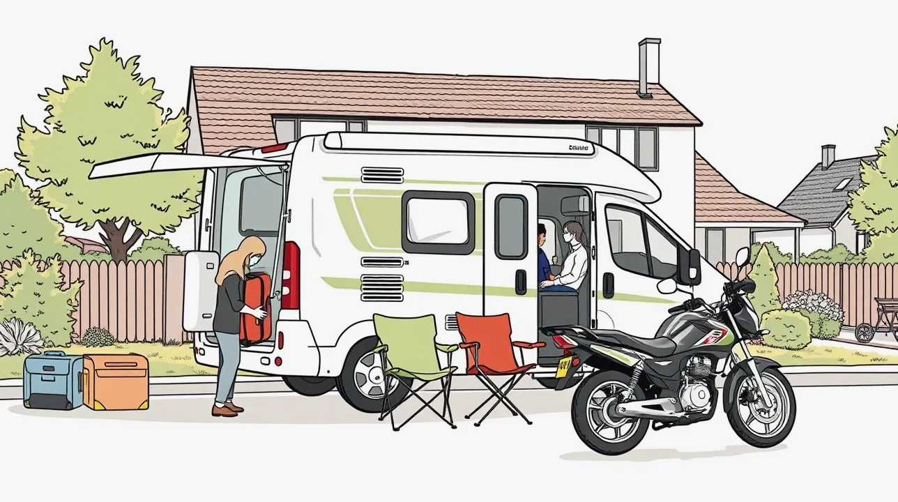 Zaparkovaný moderný obytný automobil a prívesný karavan na trávnatej ploche v kempe