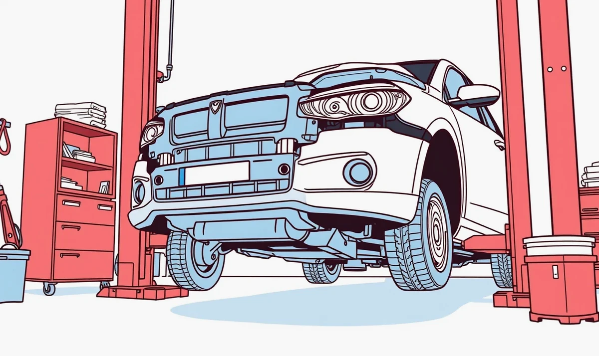 Pracovník autoservisu kontroluje rozsah poškodenia podvozka vozidla na zdviháku