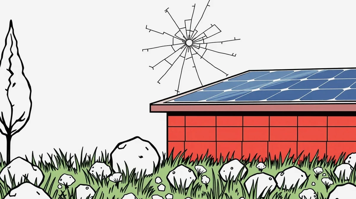 Detail poškodeného solárneho panelu po silnom krupobití na rodinnom dome
