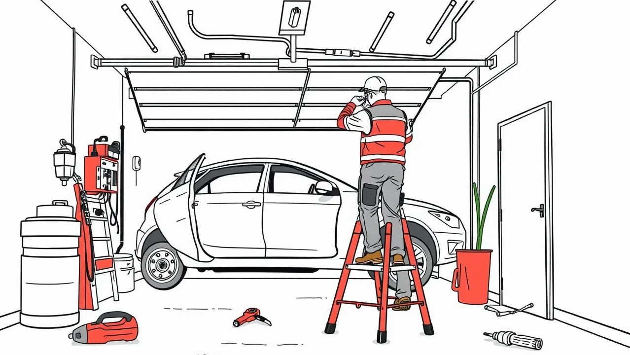 Servisný technik preveruje motorický pohon a riadiacu jednotku automatickej brány