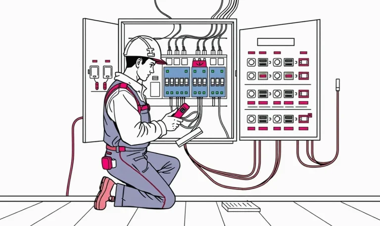 Elektrikár kontroluje zapojenie a ističe nástennej nabíjacej stanice v domácom rozvádzači