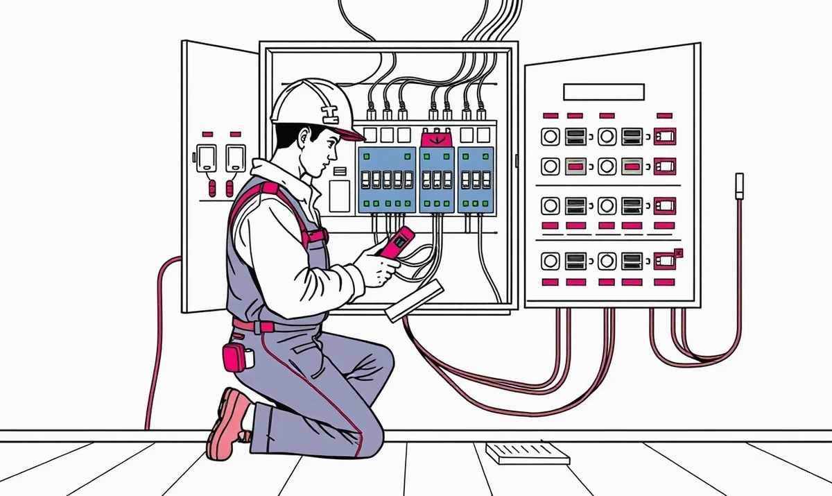 Elektrikár kontroluje zapojenie a ističe nástennej nabíjacej stanice v domácom rozvádzači