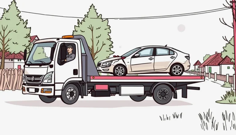 Žlté odťahové vozidlo nakladá nepojazdný osobný automobil na krajnici cesty