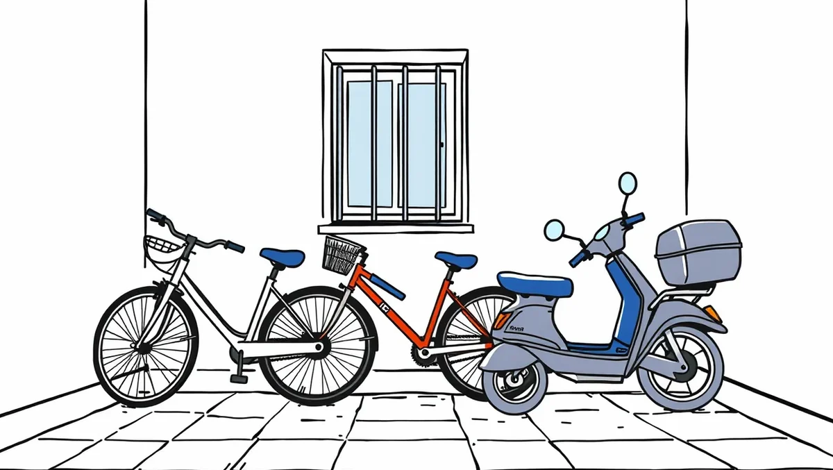 Interiér bytovej kočikárne s odloženými bicyklami a zamknutou elektrickou kolobežkou