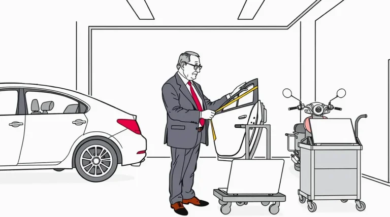 Automechanik kontroluje poškodenú prednú časť karosérie a montuje nový náhradný diel