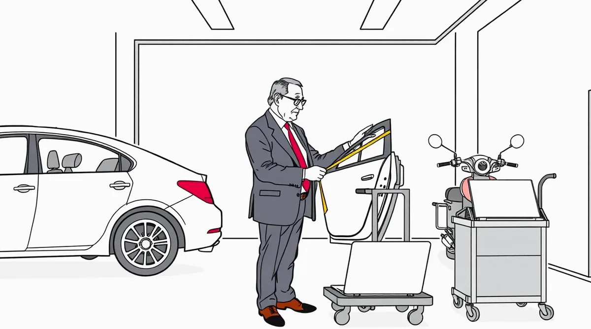 Automechanik kontroluje poškodenú prednú časť karosérie a montuje nový náhradný diel