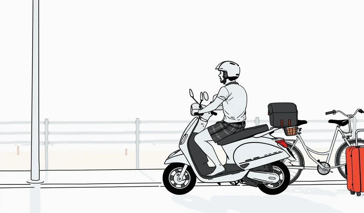 Zaparkované zdieľané auto a mestská kolobežka pripravené na jazdu
