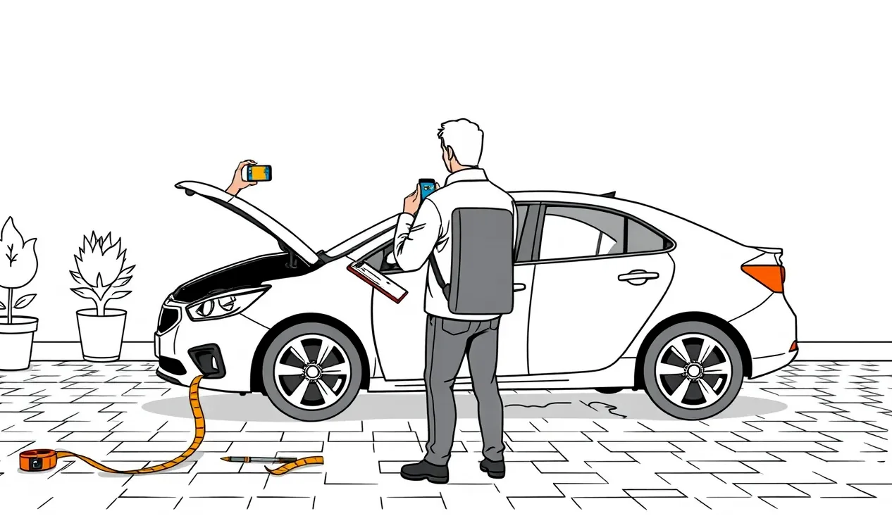 Mechanik v autoservise hodnotí poškodenie predného nárazníka