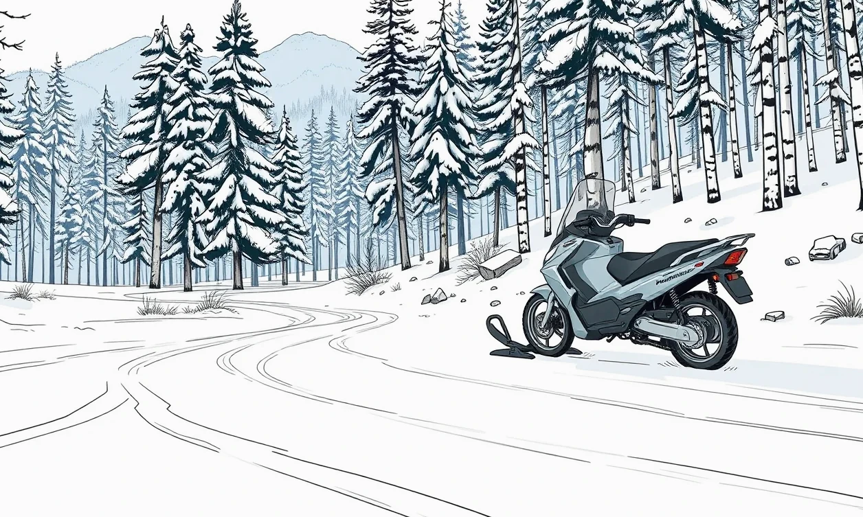 Detail predného svetla a lyže motorových saní v hlbokom snehu