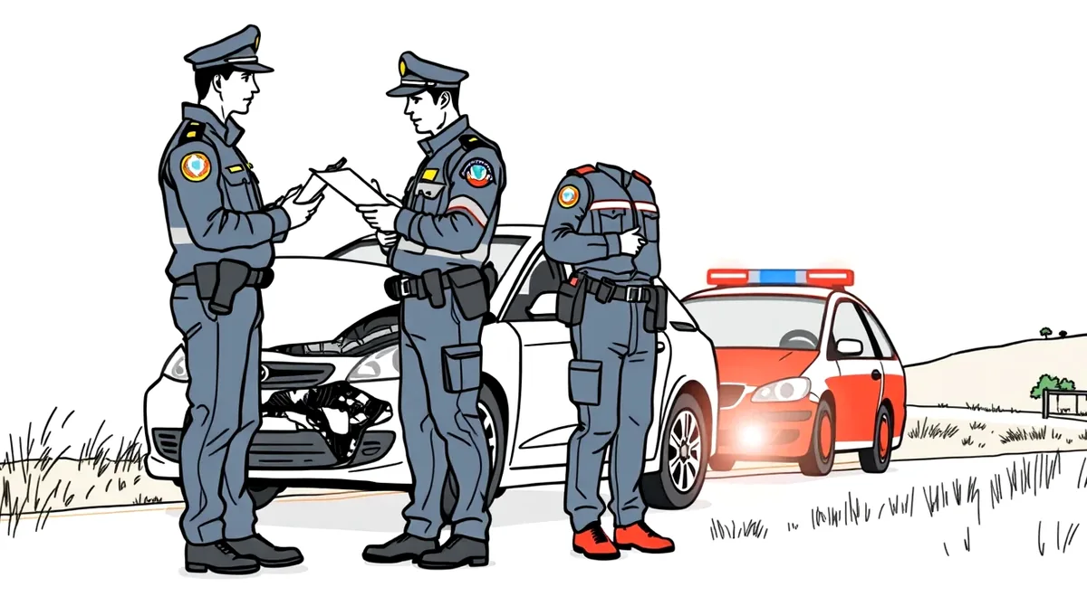 Policajná hliadka dokumentuje stopu po nehode na ceste pri lese za zníženej viditeľnosti