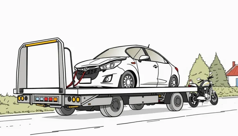 Žlté odťahové vozidlo nakladá poškodené firemné auto po kolízii na ceste