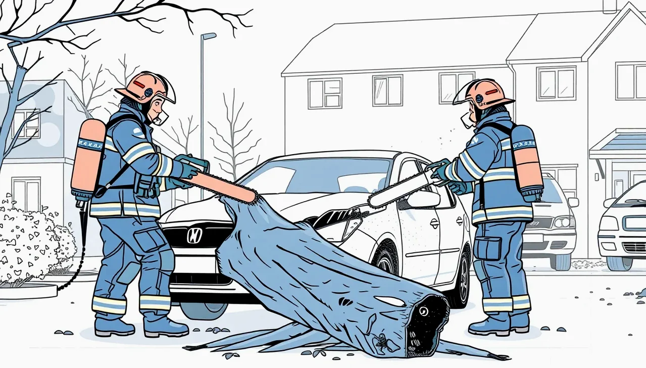 Pohľad na vrak zdemolovaného vozidla s preliačenou karosériou po veternej smršti