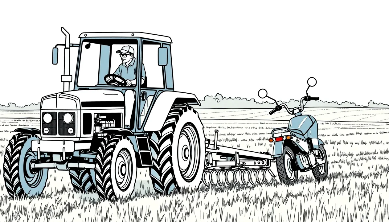 Traktor s pripojenou vlečkou odparkovaný pri hospodárskej budove