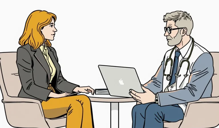 Lekár analyzuje zdravotnú dokumentáciu pacienta v ambulancii