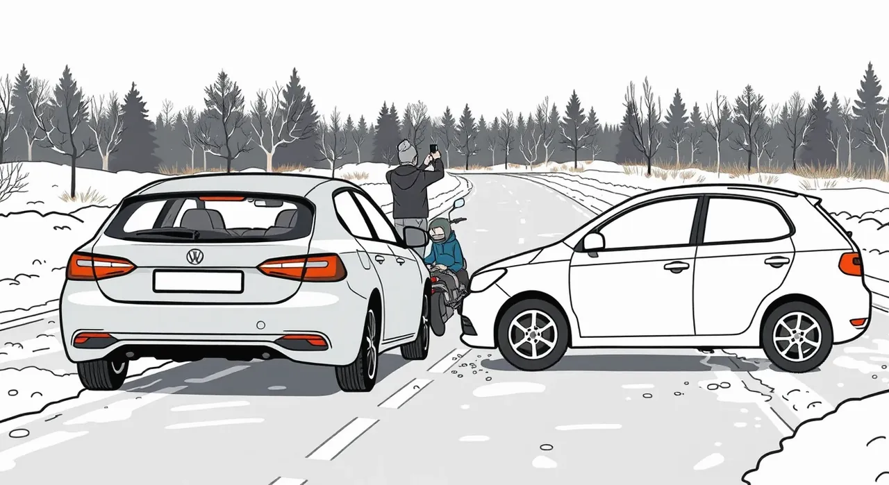 Vodič v reflexnej veste nasadzuje snehové reťaze na koleso osobného auta
