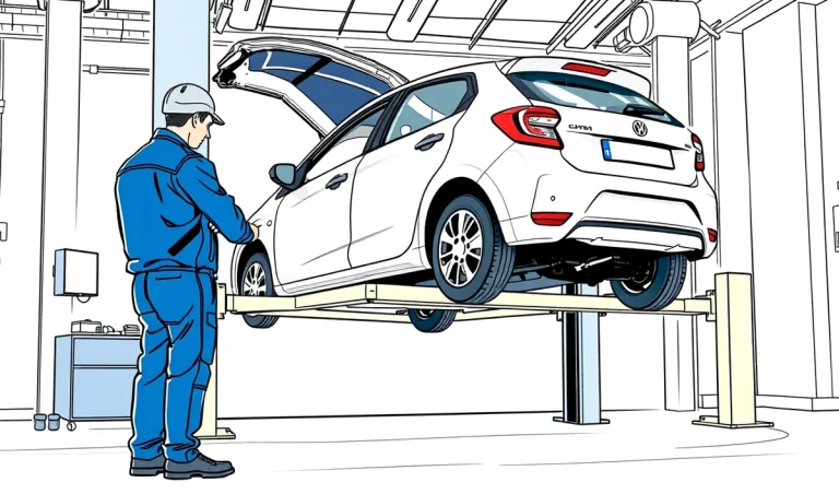 Pracovník technickej kontroly kontroluje nápravu osobného automobilu na zdviháku
