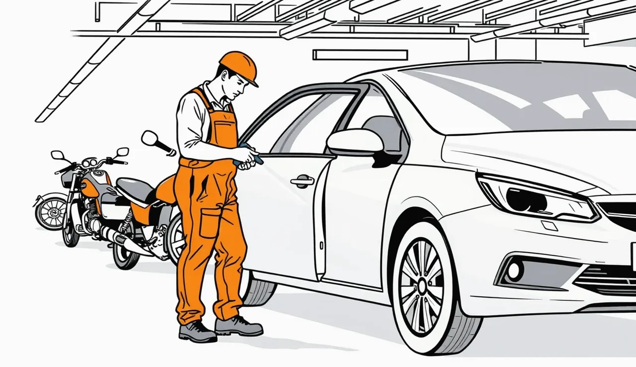 Bicykel spadnutý vedľa otvoreného predného dverového krídla stojaceho osobného automobilu