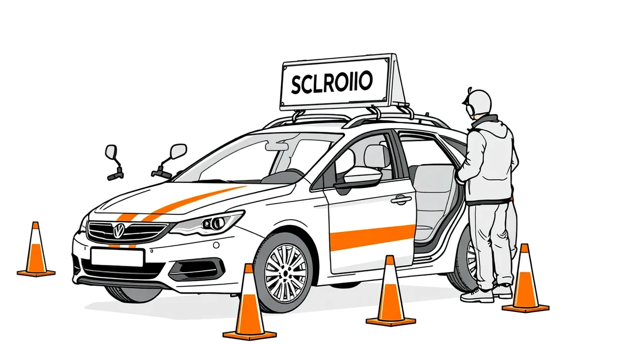 Žiak autoškoly sedí za volantom a inštruktor dohliada na pedále druhého ovládania