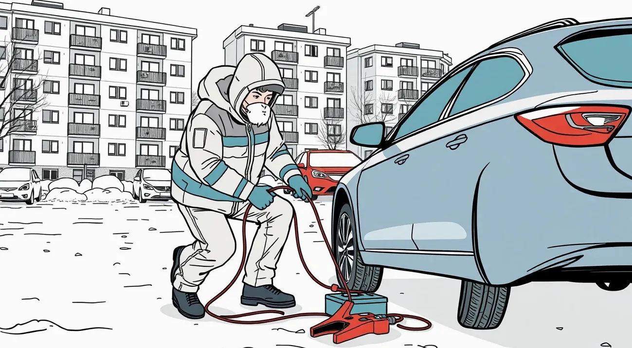 Zasnežené osobné auto zaparkované na horskom priechode v zahraničí počas víchrice