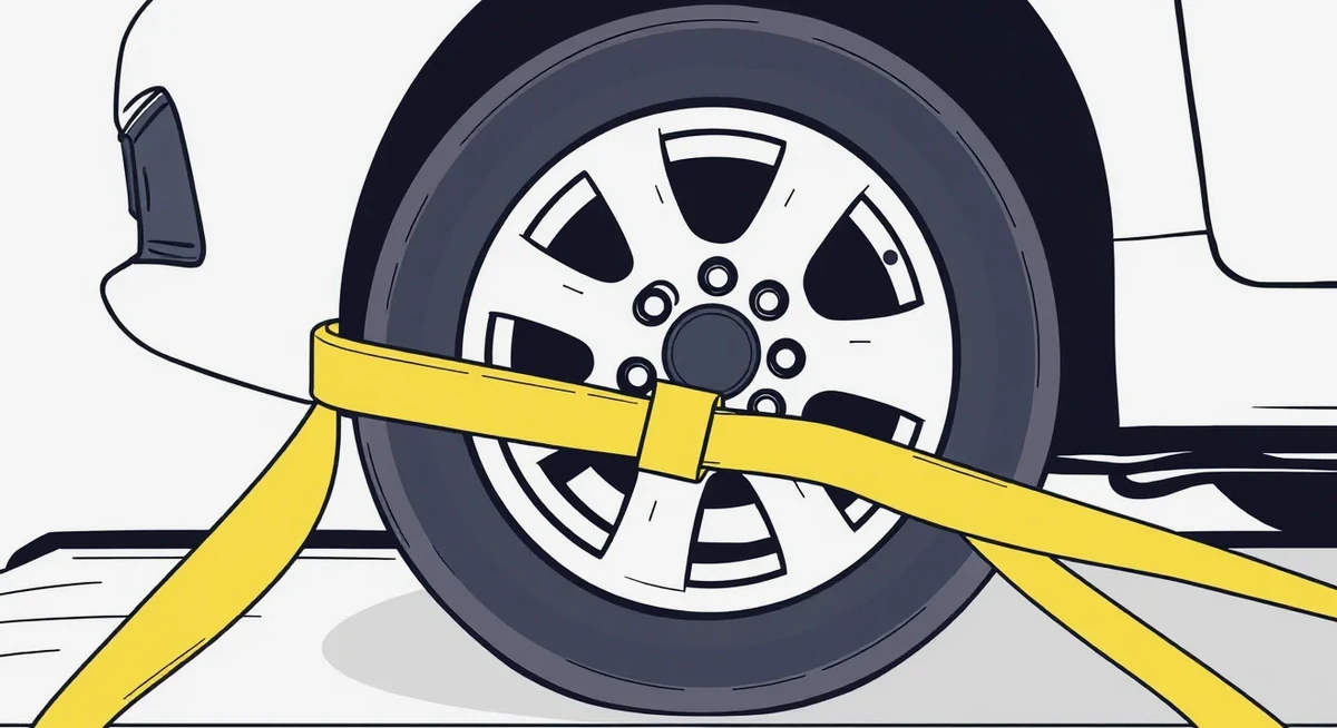 Upevnenie kolesa automobilu na autoprepravníku pomocou troch fixačných popruhov