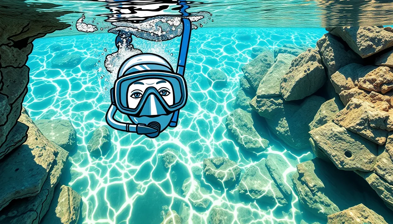 Podmorský vchod do jaskyne s výstražnou tabuľou pre technických potápačov