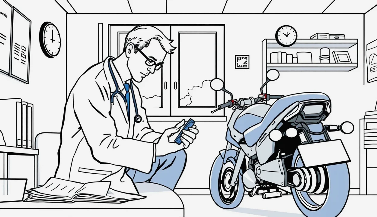 Lekárska konzultácia a vyhodnocovanie röntgenovej snímky zraneného motocyklistu