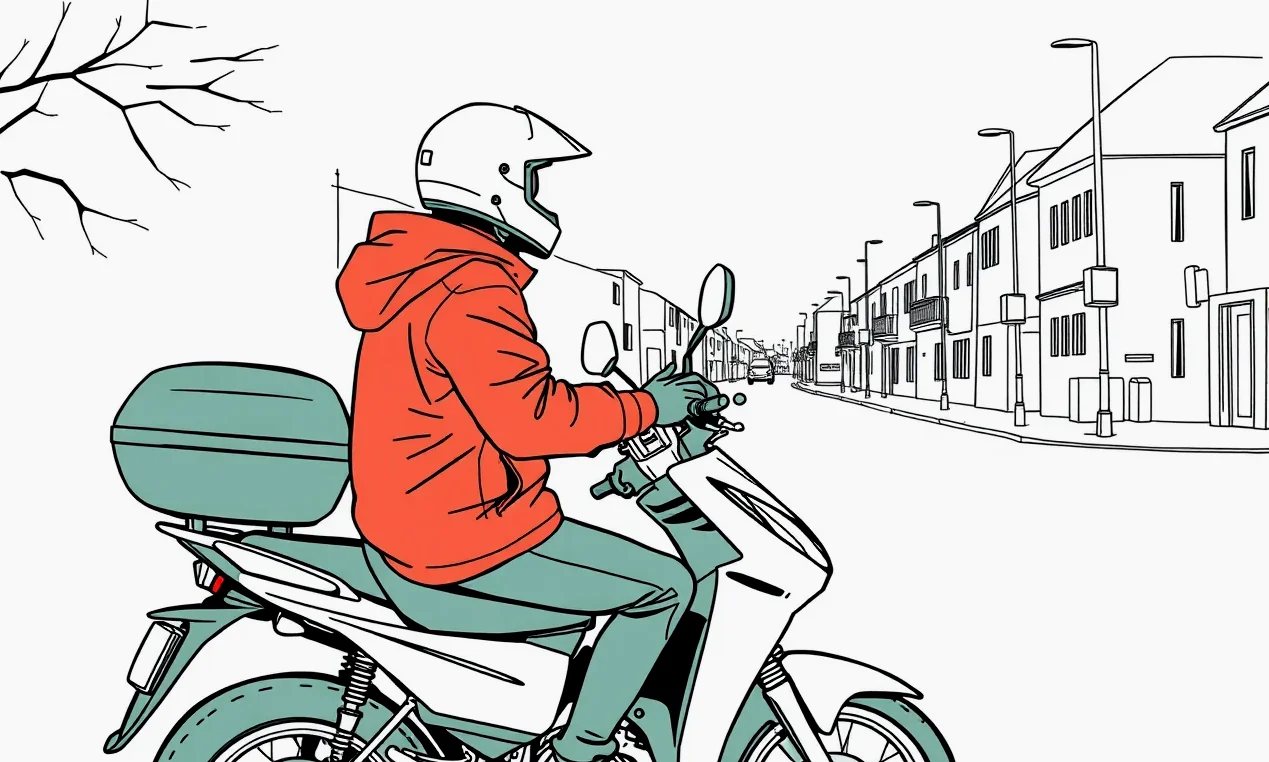 Motorkár v ochrannej prilbe a bunde kontroluje pripravenosť motocykla na jazdu so spolujazdcom