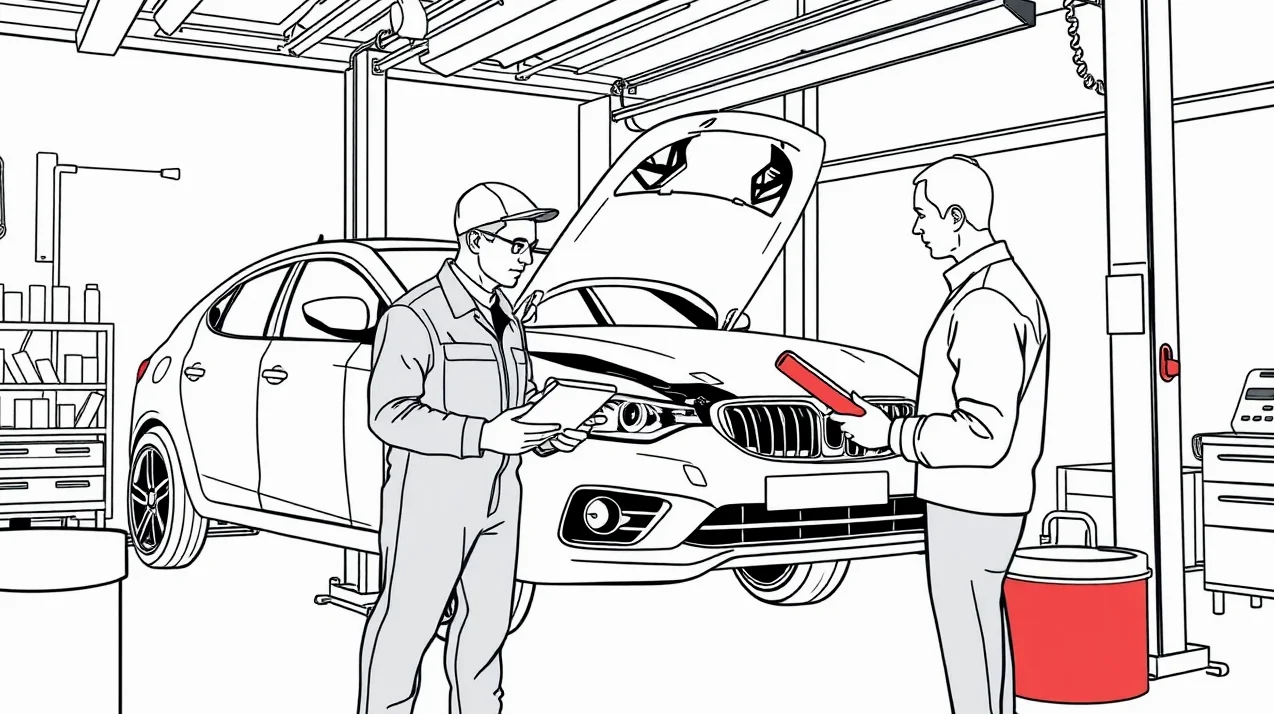Pracovník autoservisu fotografuje predný nárazník pri vstupnej digitálnej obhliadke