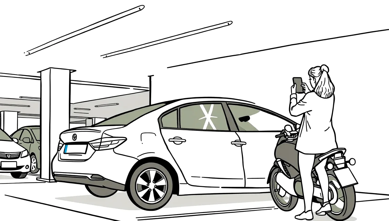 Záznam o nehode a zelená karta položené na kapote poškodeného automobilu