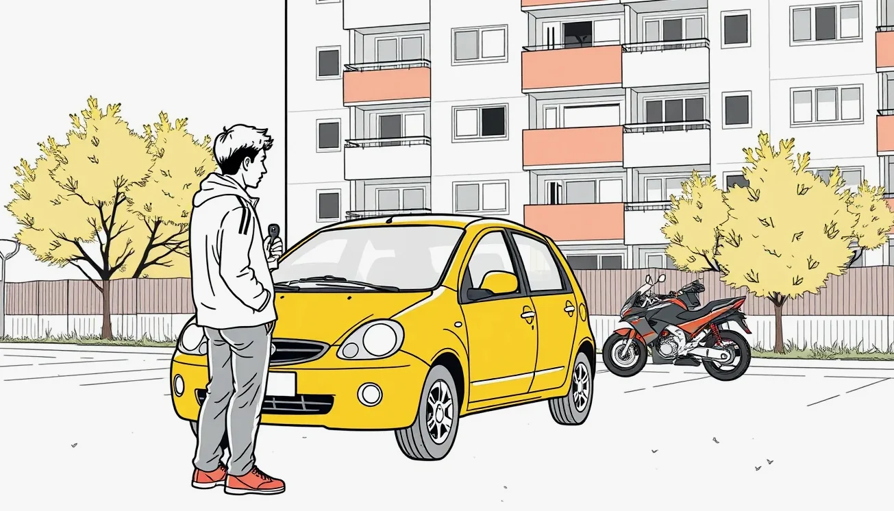 Rodič a syn kontrolujú technický preukaz vozidla a poistnú zmluvu